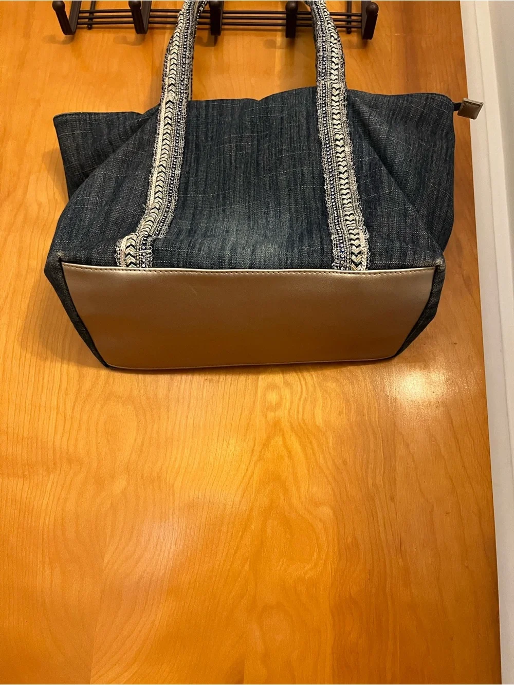 Denim Tote Bag with Braided Straps - Navy Blue